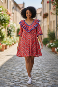 Poppy Red Block Print Cotton Dress with Ruffle Detail