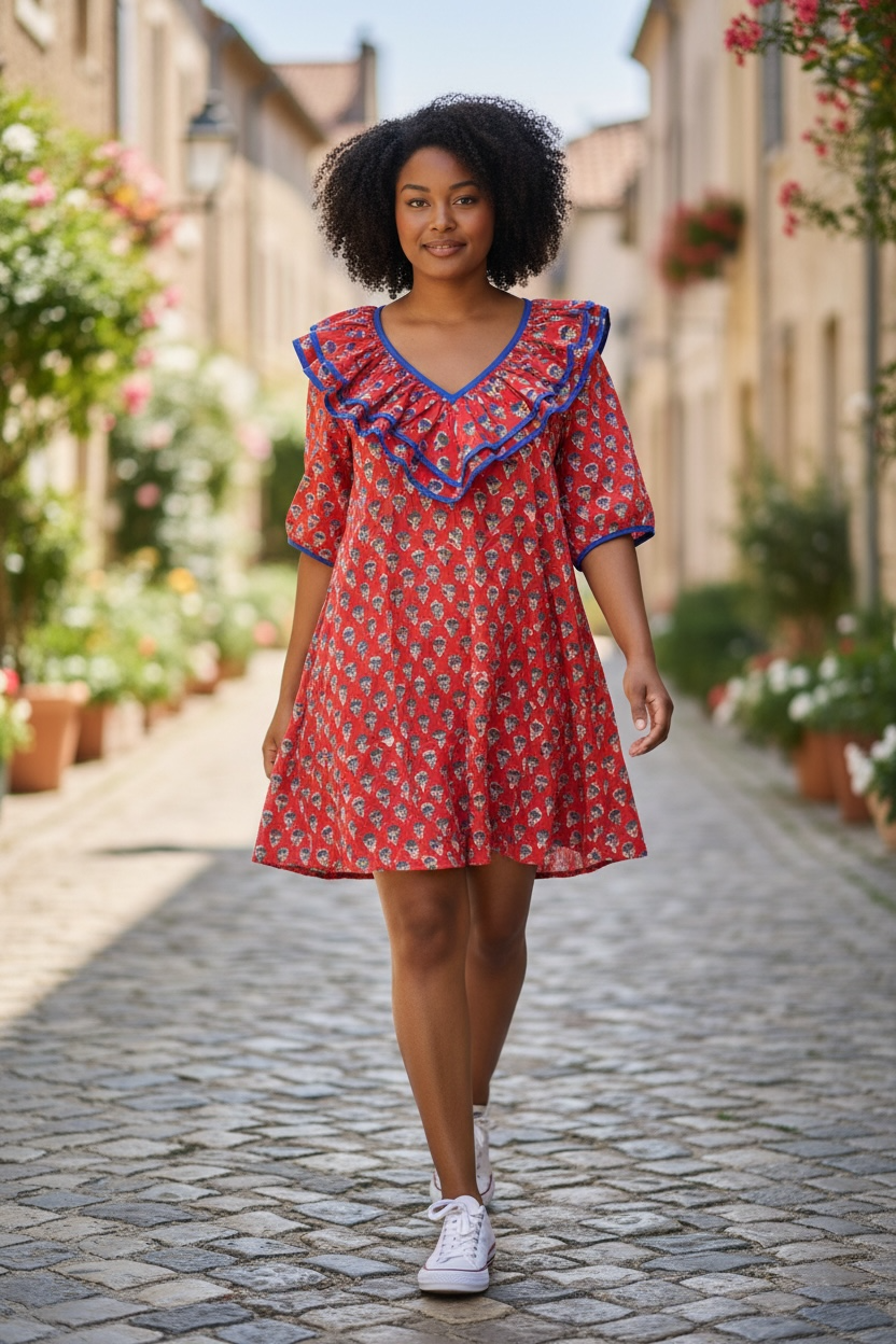 Poppy Red Block Print Cotton Dress with Ruffle Detail