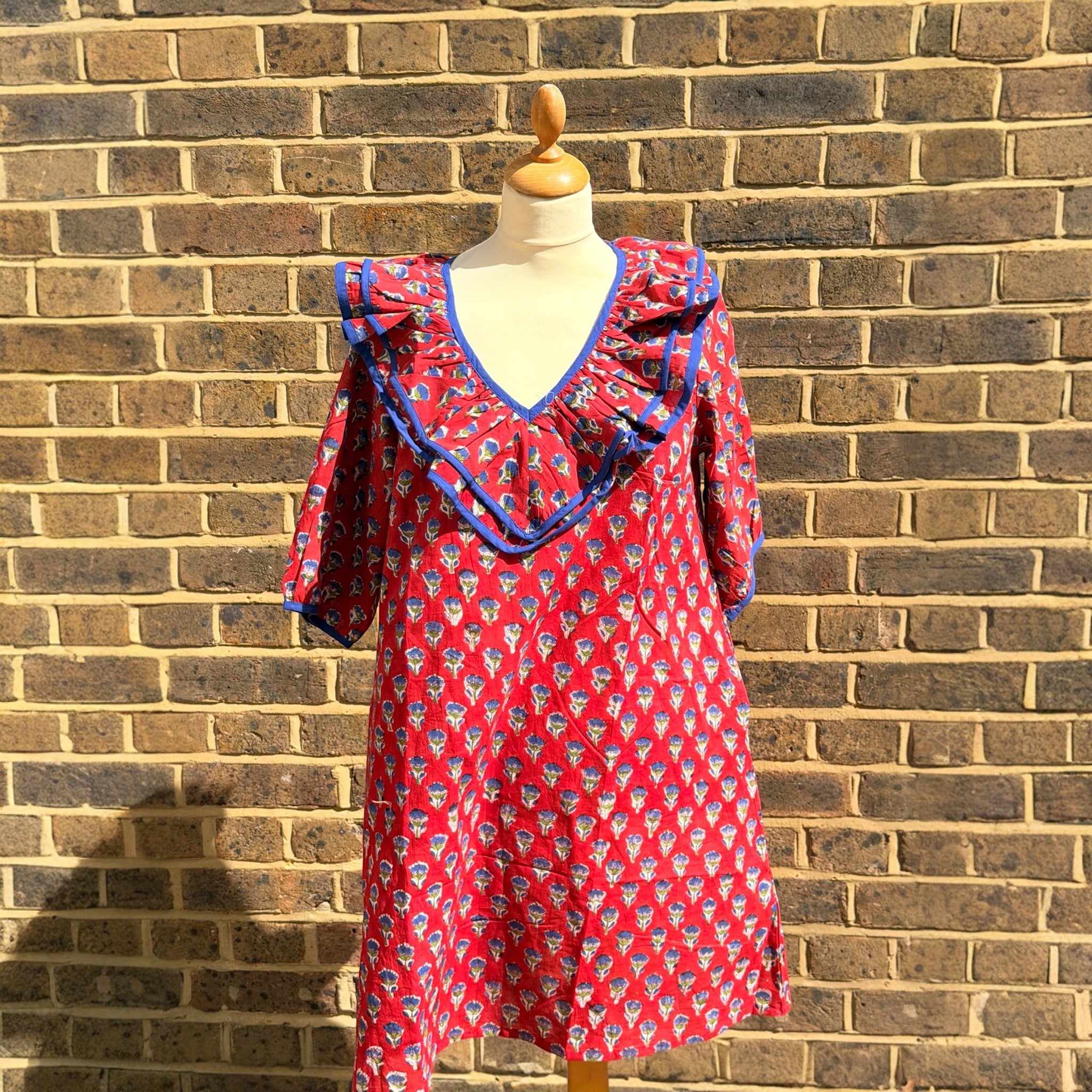 Poppy Red Block Print Cotton Dress with Ruffle Detail
