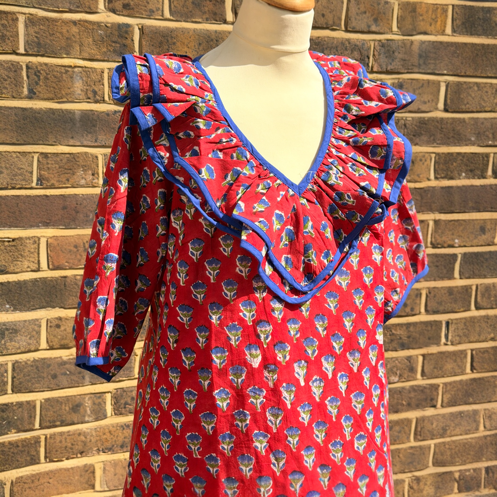 Poppy Red Block Print Cotton Dress with Ruffle Detail