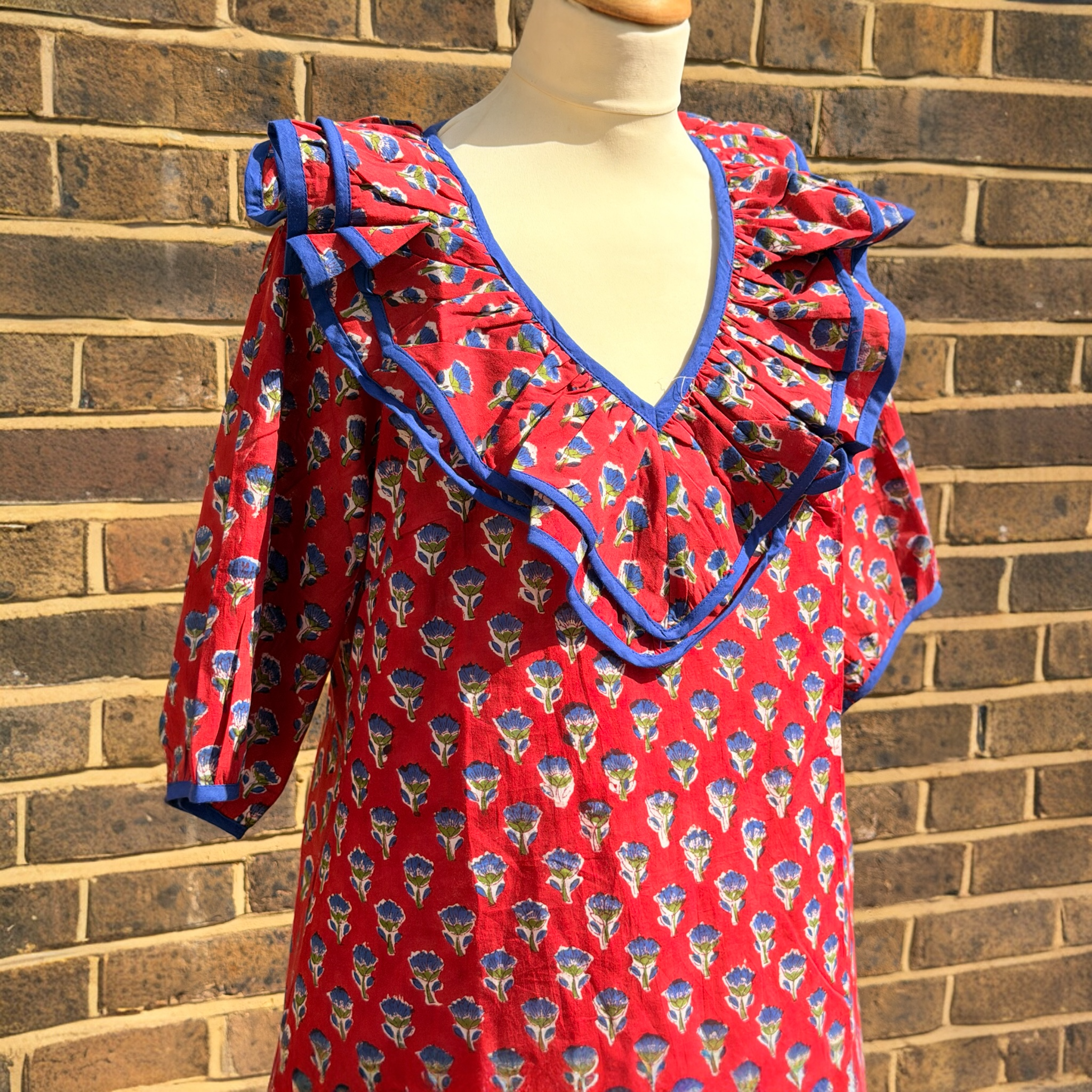 Poppy Red Block Print Cotton Dress with Ruffle Detail