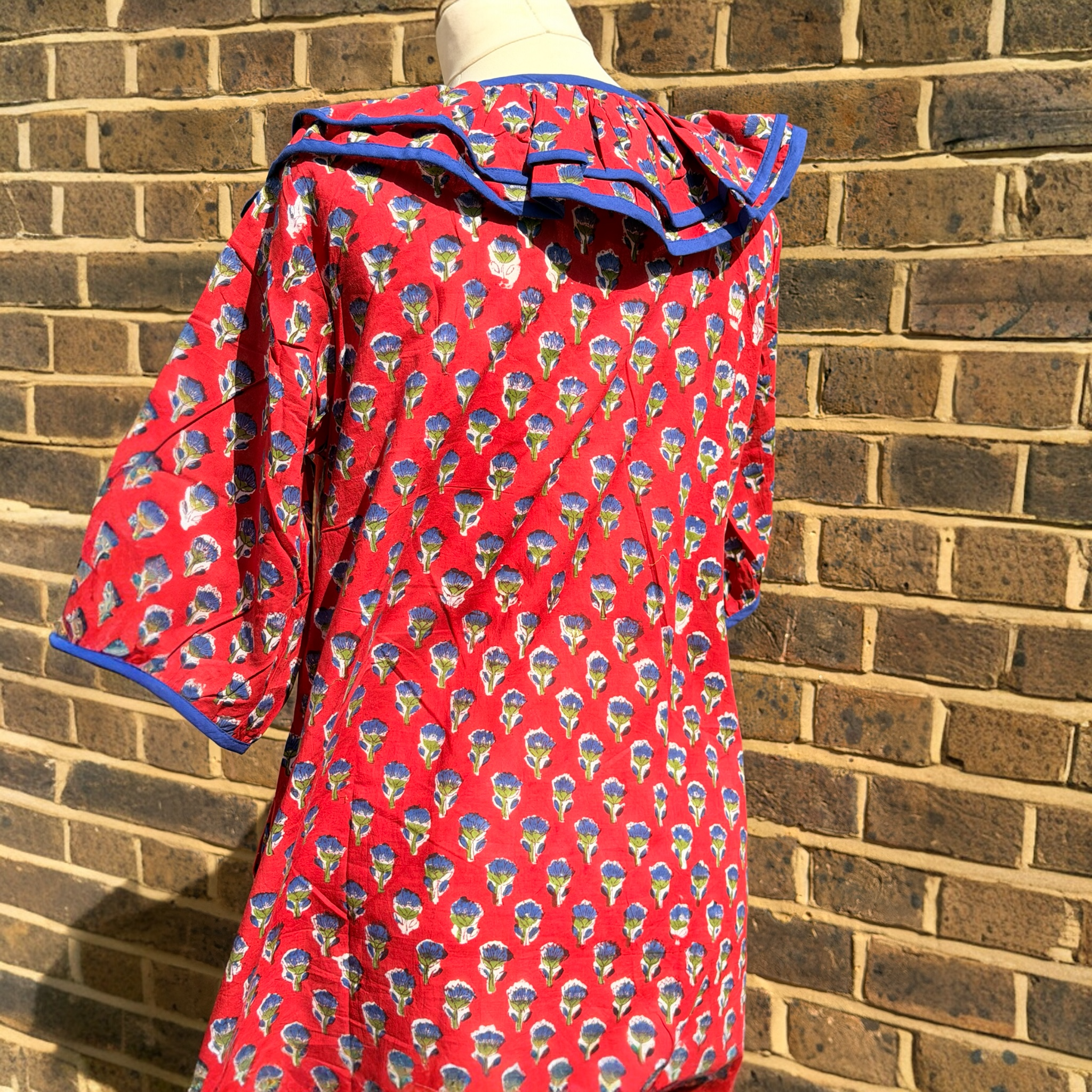 Poppy Red Block Print Cotton Dress with Ruffle Detail