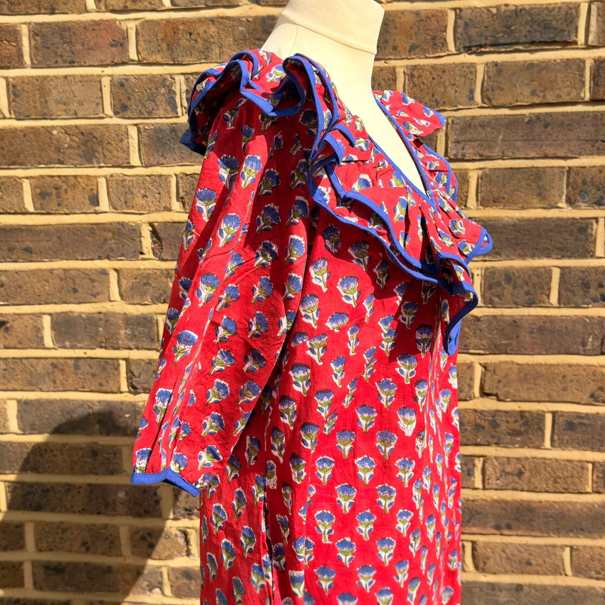 Poppy Red Block Print Cotton Dress with Ruffle Detail