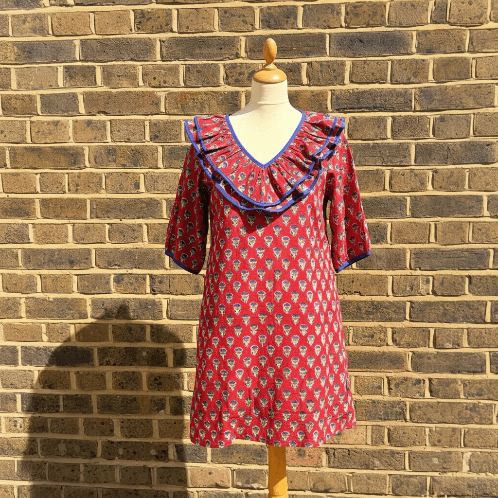 Poppy Red Block Print Cotton Dress with Ruffle Detail