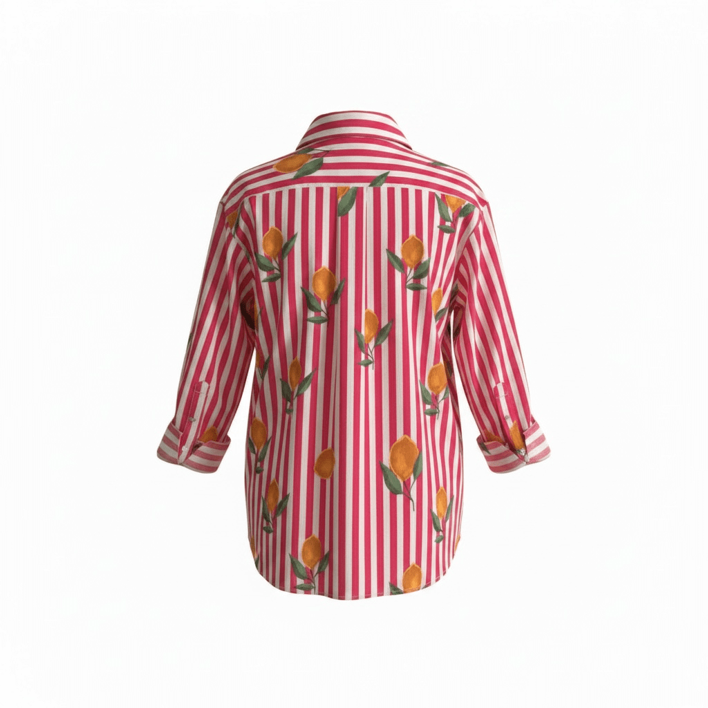 Women’s Cotton Red & White Striped Floral Print Button-Down Shirt