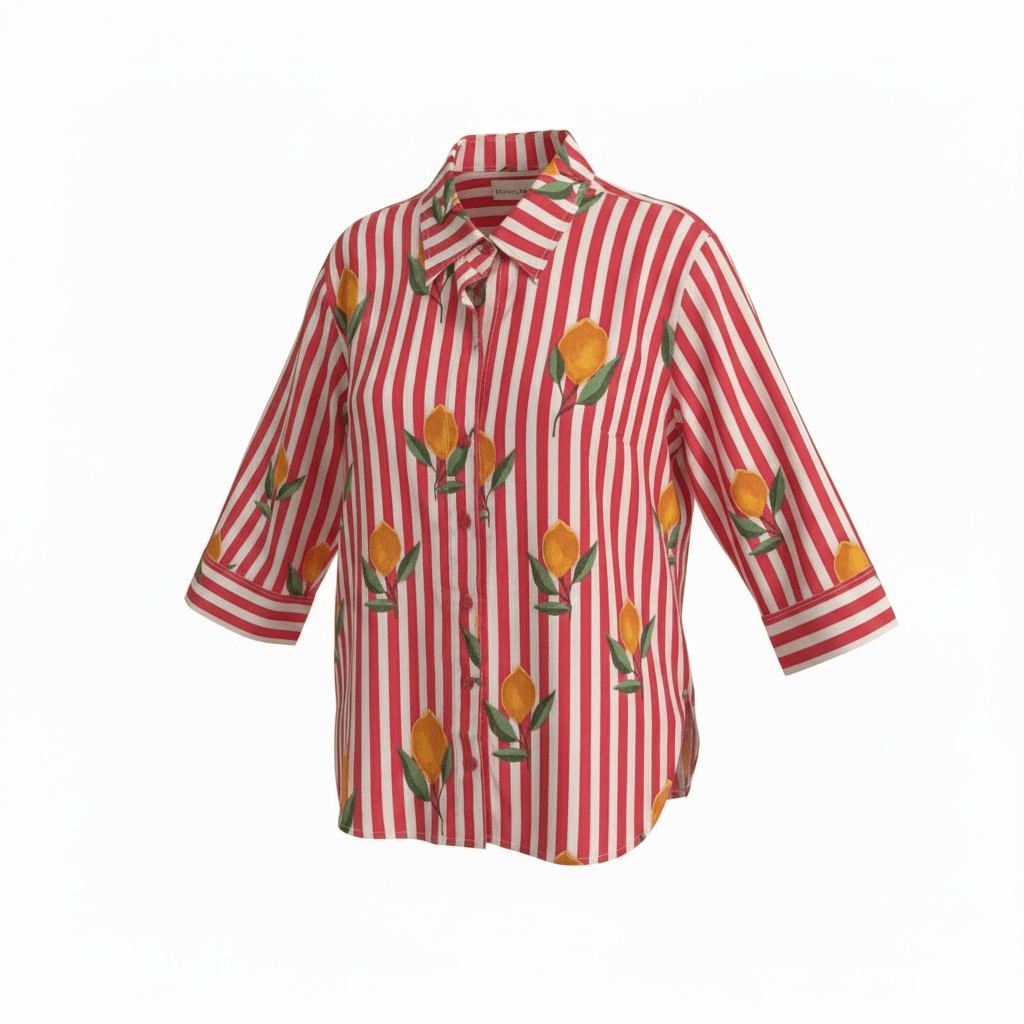 Women’s Cotton Red & White Striped Floral Print Button-Down Shirt