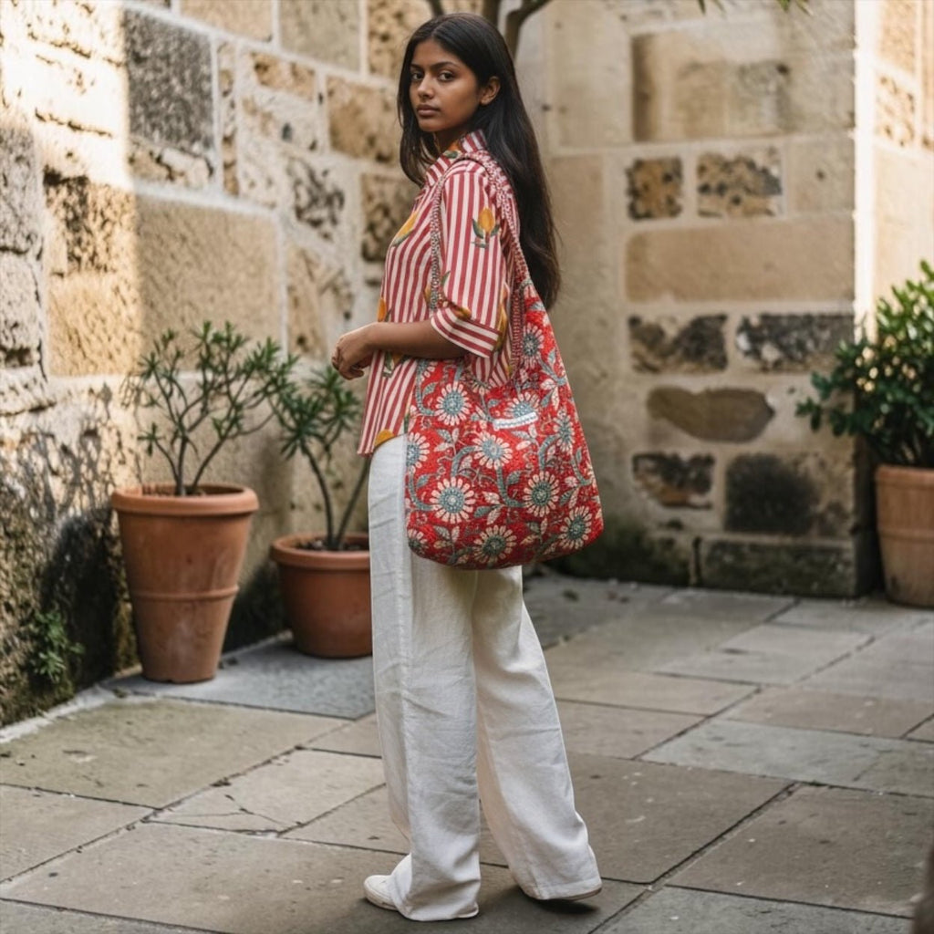 Women’s Cotton Red & White Striped Floral Print Button-Down Shirt