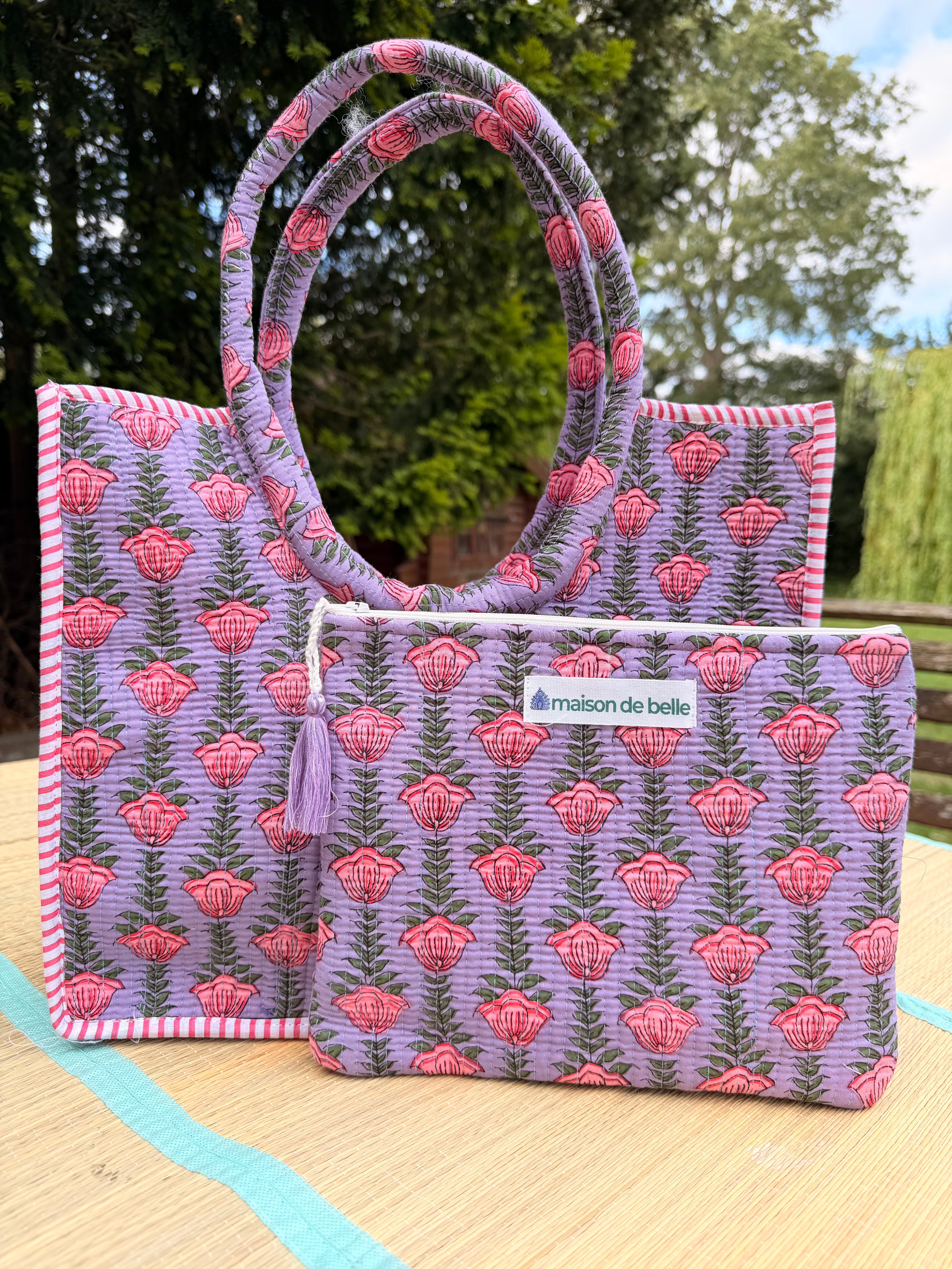 Block Print Quilted Tote & Pouch Set