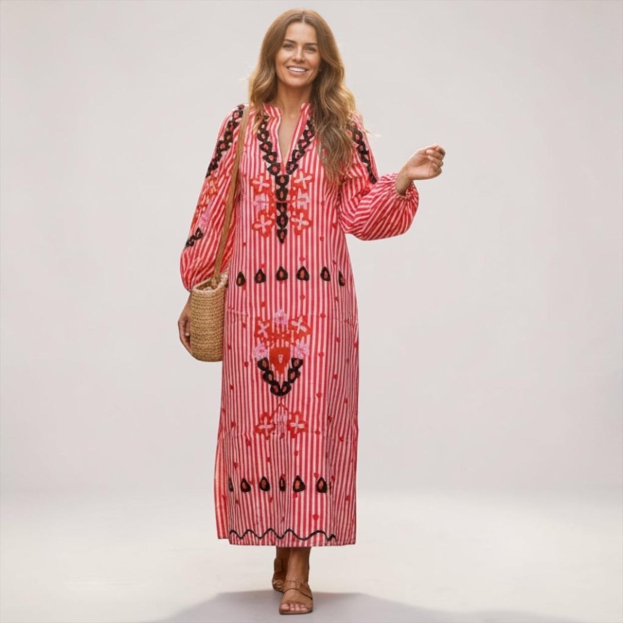 Orange Stripe Embroidered Kaftan Dress