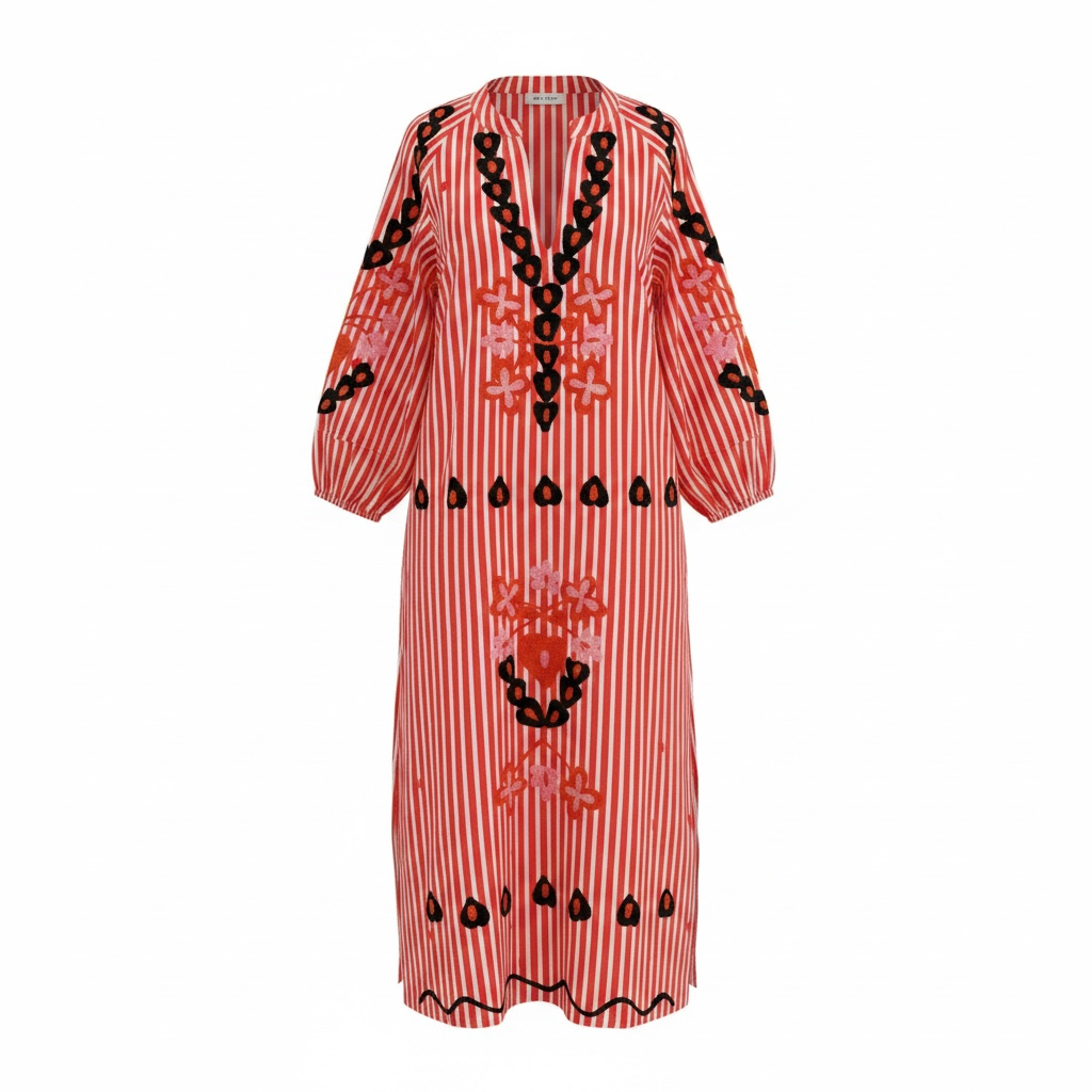 Orange Stripe Embroidered Kaftan Dress