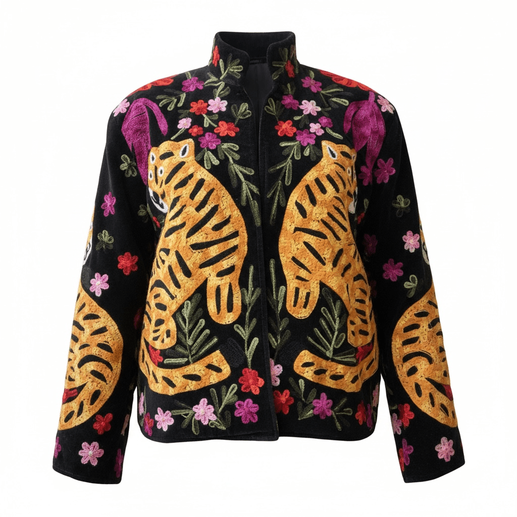 Hand-Embroidered Tiger Velvet Jacket