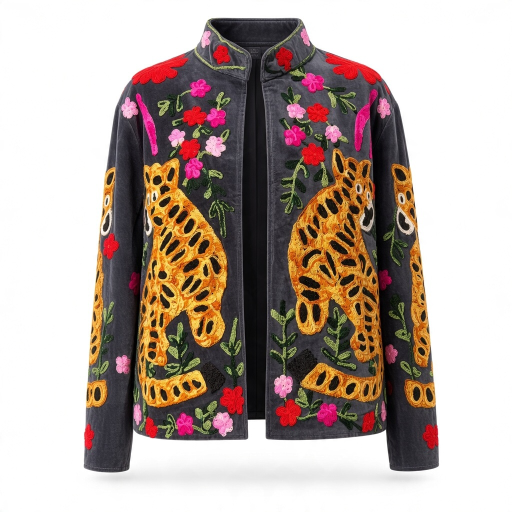 Hand-Embroidered Tiger Velvet Jacket Grey