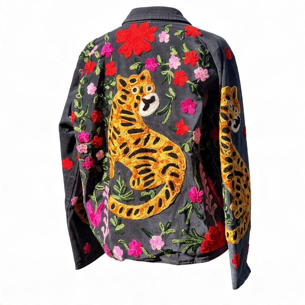 Hand-Embroidered Tiger Velvet Jacket Grey