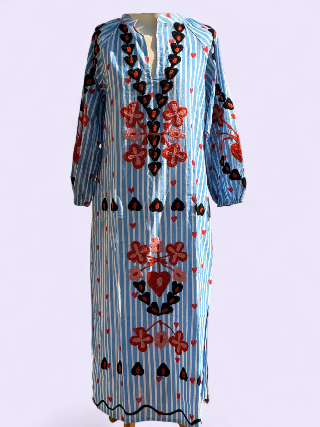 Blue Stripe Suzani Embroidered Kaftan Dress