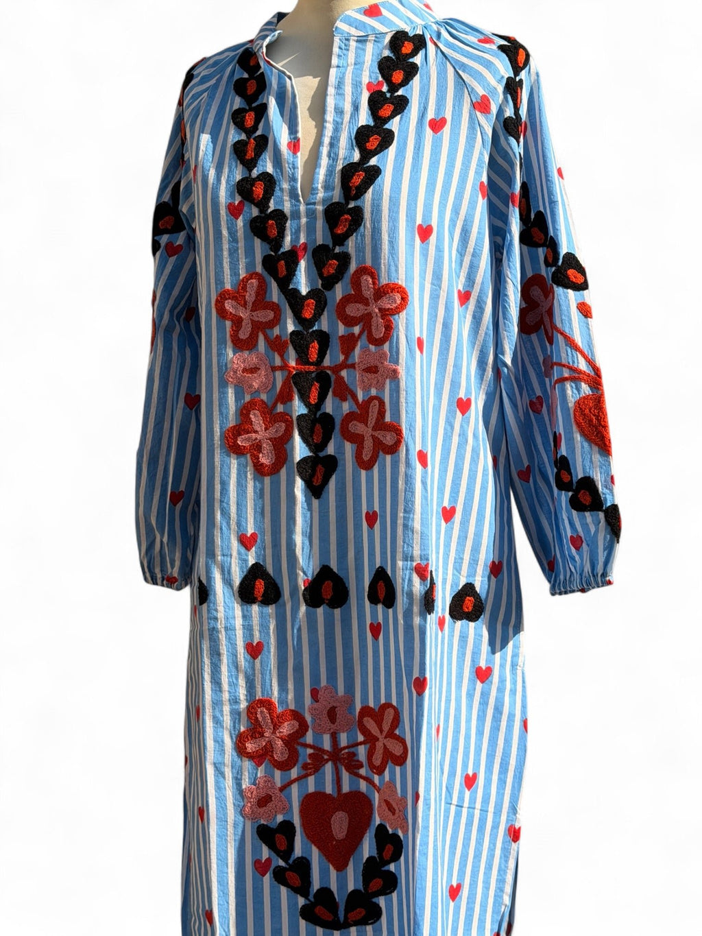 Blue Stripe Suzani Embroidered Kaftan Dress