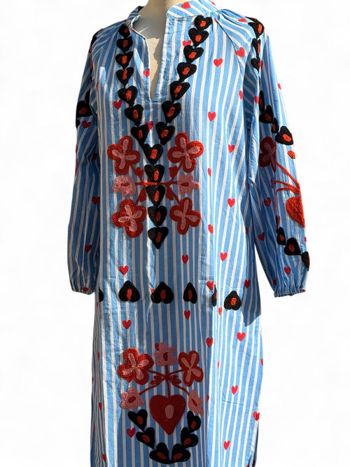 Blue Stripe Suzani Embroidered Kaftan Dress