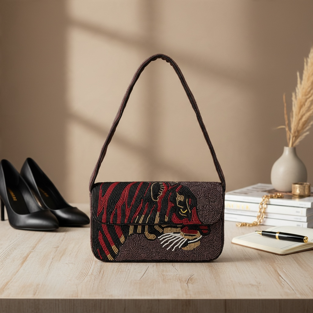 Hand-Beaded Statement Shoulder Bag- Tiger